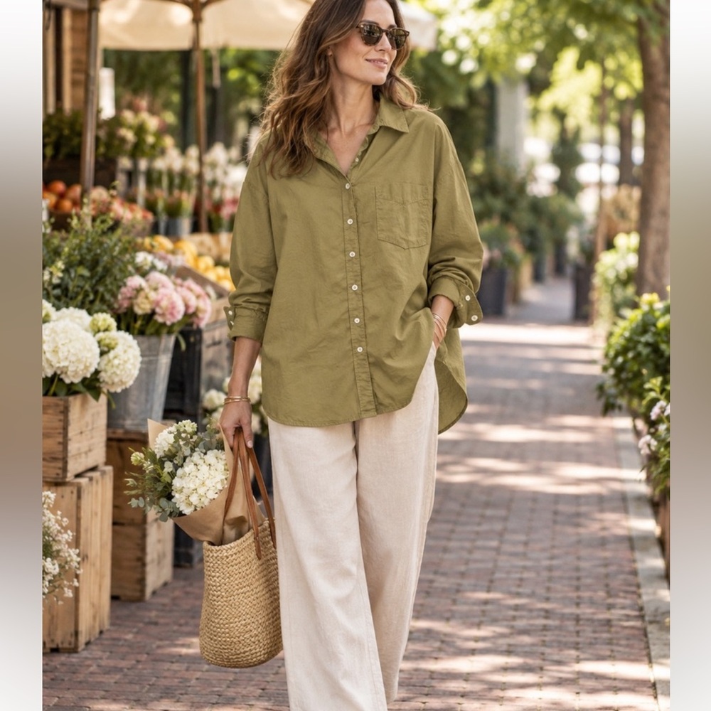 Maeve Anthropologie Olive Green Oversized Button Down Shirt Sz XXS